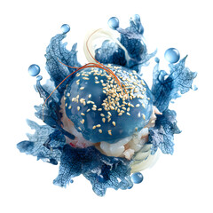 Blue shrimp poke sphere with seaweed bubbles and sesame leaf base, futuristic raw food styling, isolated on white background