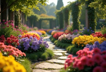vibrant flower beds defined stone borders rich color contrast texture garden aesthetics nature, plant, petal, bloom, rose, daisy, marigold, pansy