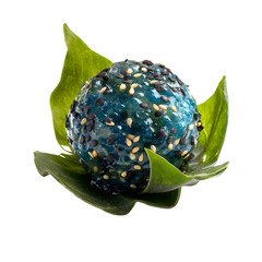 Blue shrimp poke sphere with seaweed bubbles and sesame leaf base, futuristic raw food styling, isolated on white background