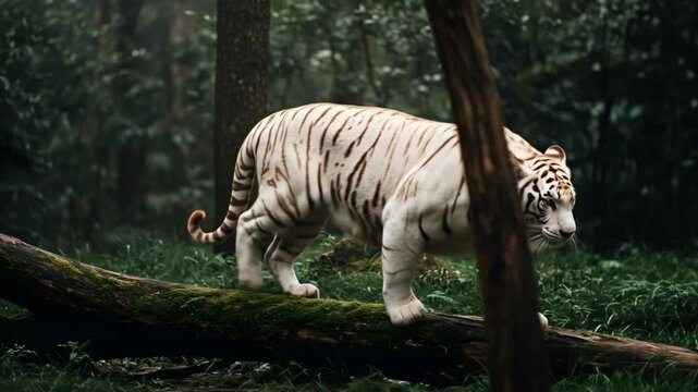 White tiger walking on fallen log in forest