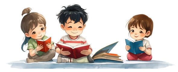 Watercolor Vector of Cute Boy and Girl Reading on Floor – Joyful, Curious Kids with Book or Magazine – Educational Art for Children.