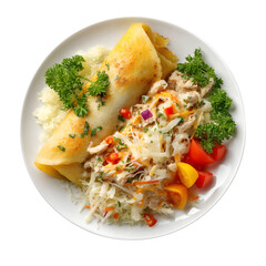 Brazilian breakfast plate with tapioca crepe filled with shredded chicken and cheese, studio shot, isolated on white