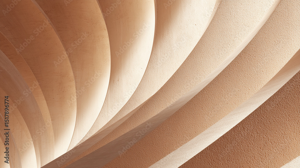 Poster beige textured layers create a curved, abstract design, showcasing architectural detail and elegant 