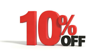 A striking visual representation of a "10% OFF" discount, rendered in bold red 3D lettering for "10%" and black "OFF", creating a strong contrast and immediate impact