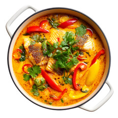 Brazilian moqueca fish stew with coconut milk, peppers, and coriander, colorful and tropical, clean white background
