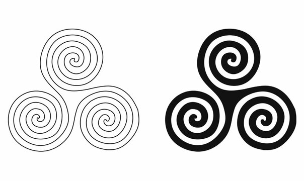 Celtic triple spiral triskelion symbol vector in outline and solid styles, used for ancient culture, spirituality, tattoos, logo design, tribal art, and decorative ornament.