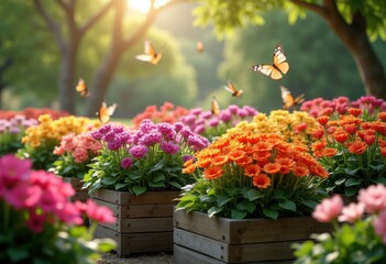 vibrant flower beds wooden planters garden bright colors floral landscape serenity nature beauty, bloom, petal, leaf, soil, blossom, decoration, scenery