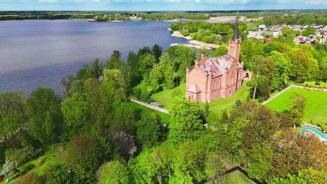 Red Brick Evangelical Reformed Church In Birzai, Lithuania. Aerial Drone Shot