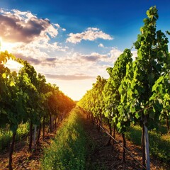 Fototapeta premium Lush Vineyard Rows Under a Vibrant Sunset Sky with Clouds and Sunlight