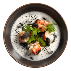 Butter-poached langoustine with cauliflower foam and squid ink dots on fine porcelain plate, isolated on white background
