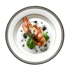 Butter-poached langoustine with cauliflower foam and squid ink dots on fine porcelain plate, isolated on white background