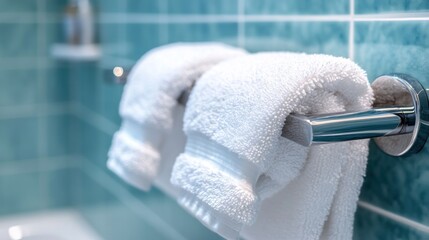 White towels hanging in a teal bathroom