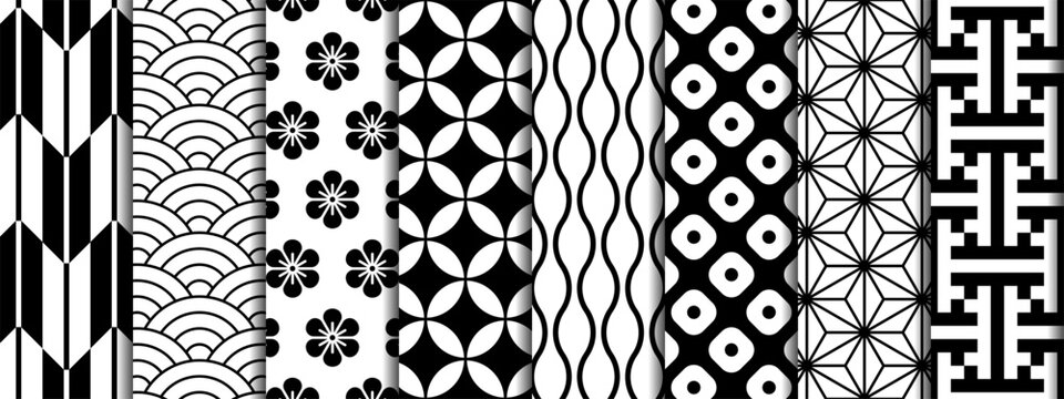 Traditional Japanese pattern set. Seamless geometric backgrounds with lines.