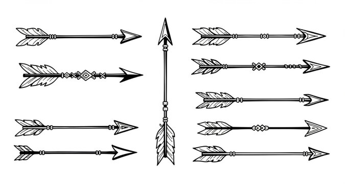 Hand Drawn Arrows Set - Collection of Decorative Ethnic Arrow Illustrations for Tribal Design, Tattoo Art, and Vintage Style Graphics
