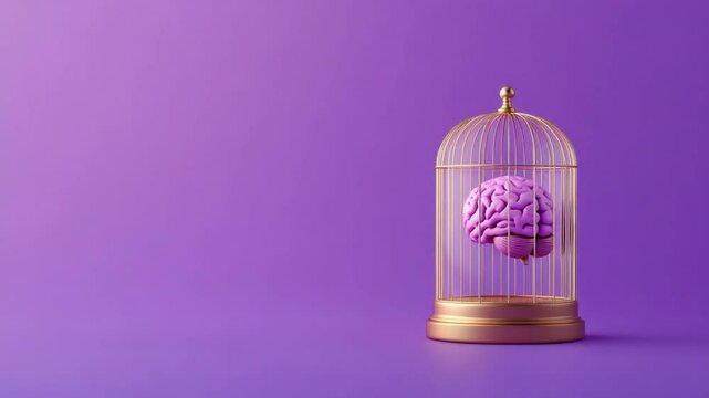 Creative concept of a brain inside a birdcage symbolizing confinement and freedom in vibrant purple background 4k video footage