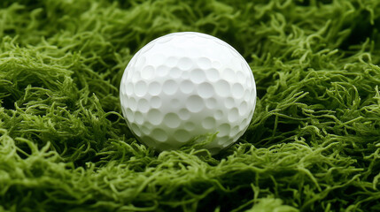 Fototapeta premium Golf ball resting on lush green grass in extreme close-up with shallow depth of field, natural sunlight highlighting sports equipment details