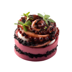 Charred octopus ring layered with beetroot foam and fig reduction spiral, plated in fine dining presentation, isolated on white background