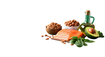 A still life of healthy fats featuring salmon, almonds, avocado, spinach, and olive oil in a bottle