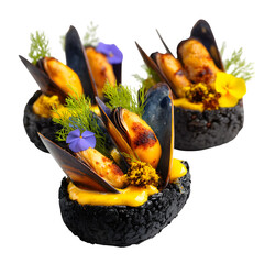 Char-grilled mussels in black rice cone with saffron mist garnish, modernist seafood treat, isolated on white background