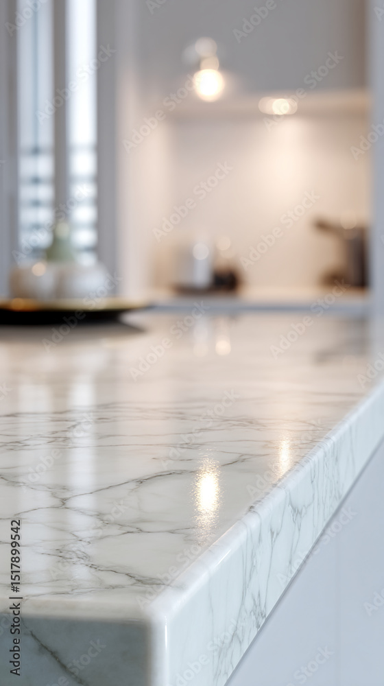Poster close-up of marble countertop texture, showing veining and subtle shine, showcasing clean and modern