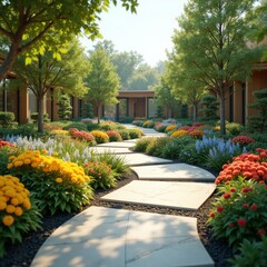 Fototapeta premium vibrant landscaped gardens contemporary pathways colorful flora decorative design outdoor sanctuary, flower, plant, ornament, stone, walkway, hedge, tree