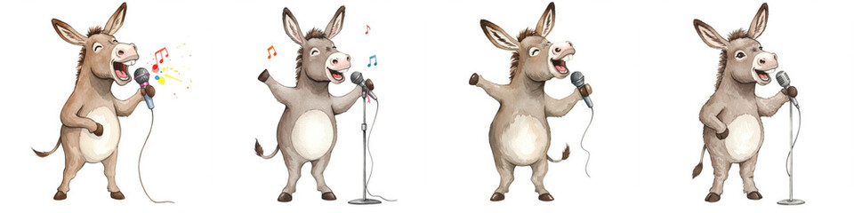Watercolor Donkey Karaoke Star: A Musical Ballad - Four donkeys joyfully sing karaoke, symbolizing fun, music, performance, friendship, and entertainment. A charming illustration perfect for cards