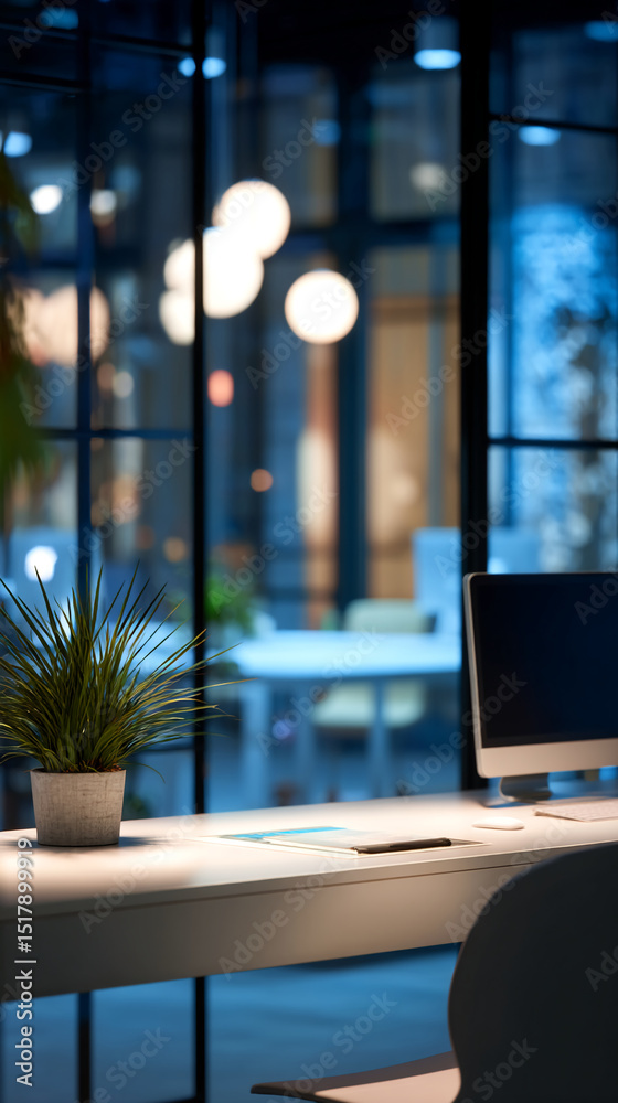 Poster modern office desk at night, illuminated, showcasing a plant, computer, and notepad, creating a calm