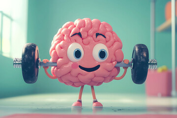 A cartoon brain lifting weights in a gym with a happy expression and a teal and pink color scheme