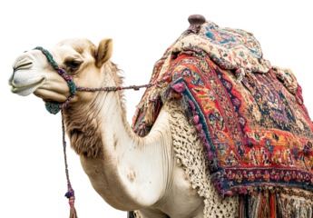Dromedary camel with colorful woven saddle blanket isolated on transparent PNG
