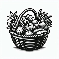 Black and white harvest basket illustration - great for digital content