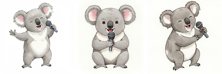 Fototapeta premium Watercolor Koala Karaoke King: Three Koalas Singing - Three adorable koalas enjoy karaoke, symbolizing joy, music, friendship, performance, and Australian wildlife