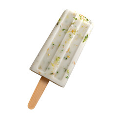 Clam chowder ice pop with visible soup inclusions and parsley flake sprinkles, experimental cuisine concept, isolated on white background
