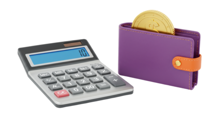 Isolated Calculator, Wallet and Coin