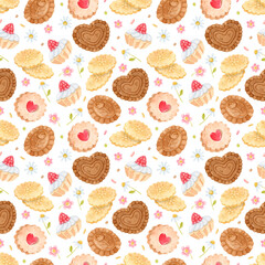 Watercolor seamless pattern with chocolate cookies, butter cookies, cookies with jam, tartalets with cream and raspberries. Watercolor wallpaper. 