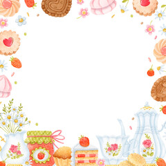 Watercolor square frame with tea pot, cup, jam jar, chamomile bouquet, cookies, marshmallow, strawberries, and flowers. Greeting card.