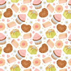 Watercolor seamless pattern with colorful desserts. Cookie, cupcake, waffle, cake, hand-drawn wallpaper.