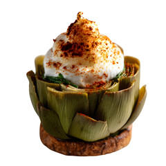 Clam-stuffed artichoke cup with burnt lemon foam and paprika dusting, rustic-meets-modern dish, isolated on white background