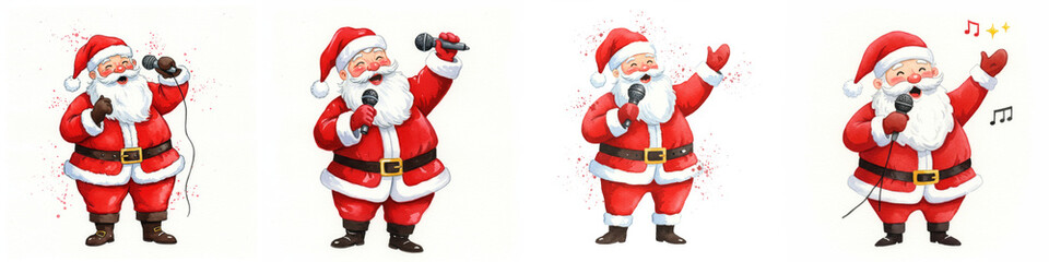 Watercolor Jolly Santa's Karaoke Christmas - Santa Claus sings karaoke, embodying holiday cheer, musical talent, festive spirit, joyful celebration, and Christmas magic