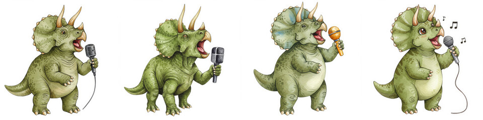 Fototapeta premium Watercolor Triceratops Karaoke Star - Adorable Triceratops dinosaurs singing karaoke, showcasing joy, music, performance, friendship, and prehistoric fun