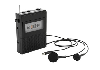 PNG cut out isolated background. A black vintage portable cassette tape recorder with a clear window showing the tape inside, is displayed next to a pair of black wired earphones.
