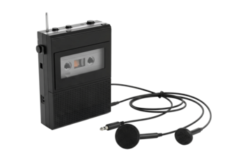 PNG cut out isolated background. A black vintage portable cassette tape recorder with a clear window showing the tape inside, is displayed next to a pair of black wired earphones.
