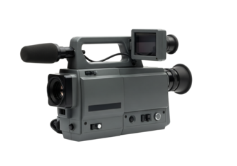 PNG cut out isolated background. A retro-style handheld video camera featuring a built-in microphone, flip-out screen, and viewfinder. 