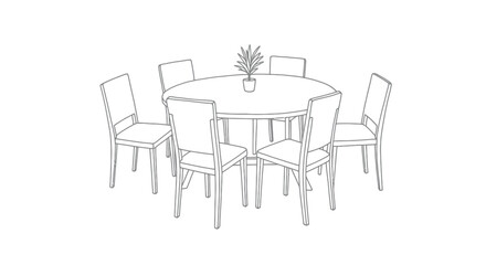 Round Dining Table with Six Chairs and Potted Plant Outline
