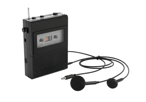 PNG cut out isolated background. A black vintage portable cassette tape recorder with a clear window showing the tape inside, is displayed next to a pair of black wired earphones.
