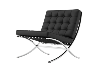 PNG cut out isolated background. A contemporary lounge chair featuring black tufted leather cushions and a distinctive chrome "X" shaped frame, presented against a plain background.
