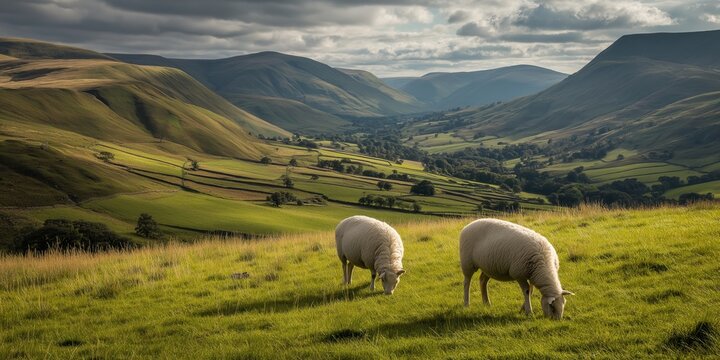 Scenic Irish landscape with sheep grazing on a backdrop of green hills. Green pastures and sheep in Irish countryside. - Powered by Adobe