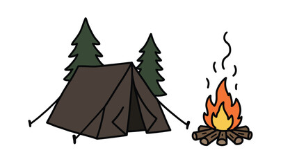Camping Scene with Tent Trees and Campfire Illustration
