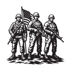 American Soldiers Standing with Flag – Patriotic Military Vector Illustration