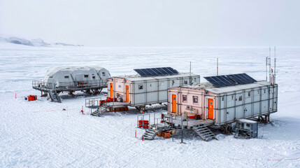 Remote Antarctic research station with modular laboratory huts equipped with solar panels, surrounded by flat snow-covered terrain under overcast skies. ai generative