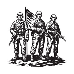 American Soldiers Standing with Flag – Patriotic Military Vector Illustration